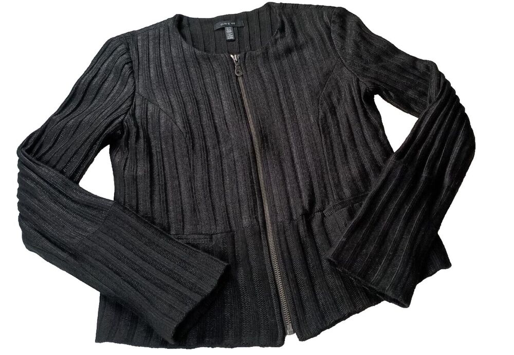 Ribbed Lady Jacket by DREW Black Size XS Zip Front Lined Classic Career USA Made